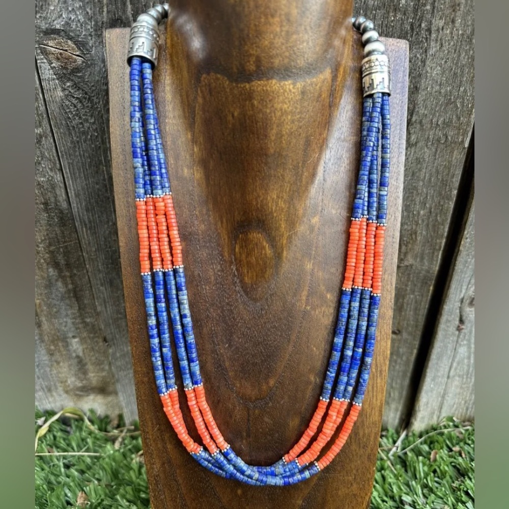 Sterling Silver Multi Strand Lapis Orange Bamboo … - image 1