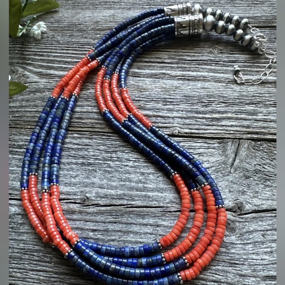 Sterling Silver Multi Strand Lapis Orange Bamboo … - image 2