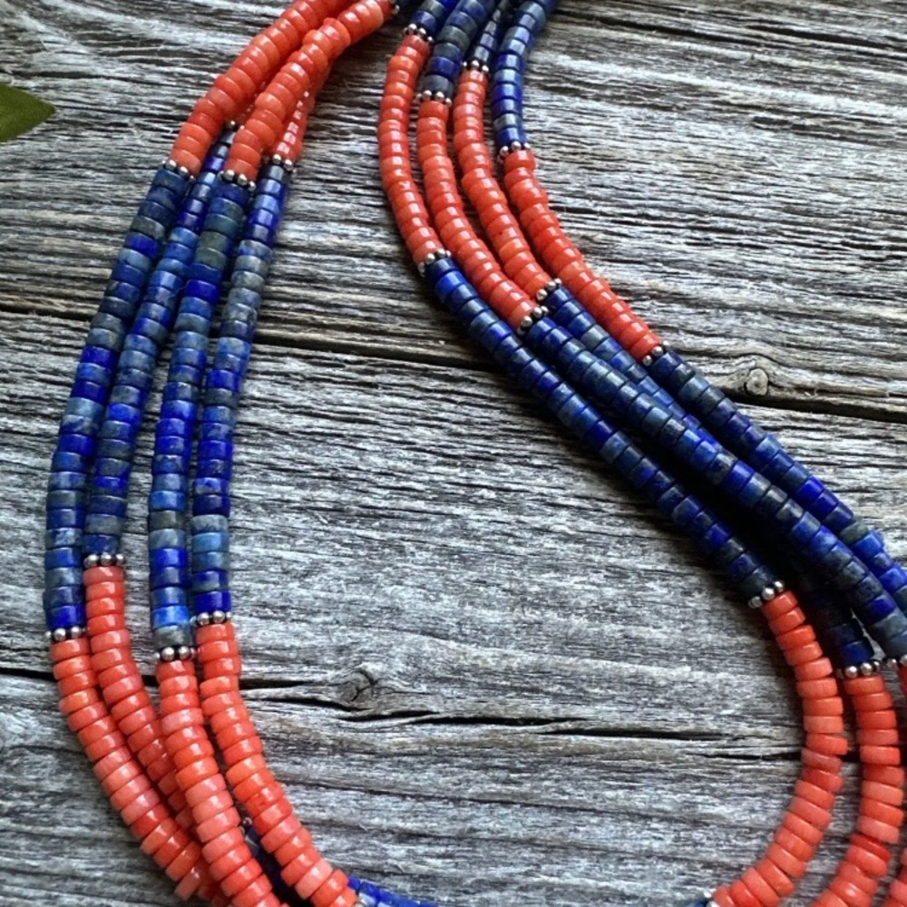 Sterling Silver Multi Strand Lapis Orange Bamboo … - image 3