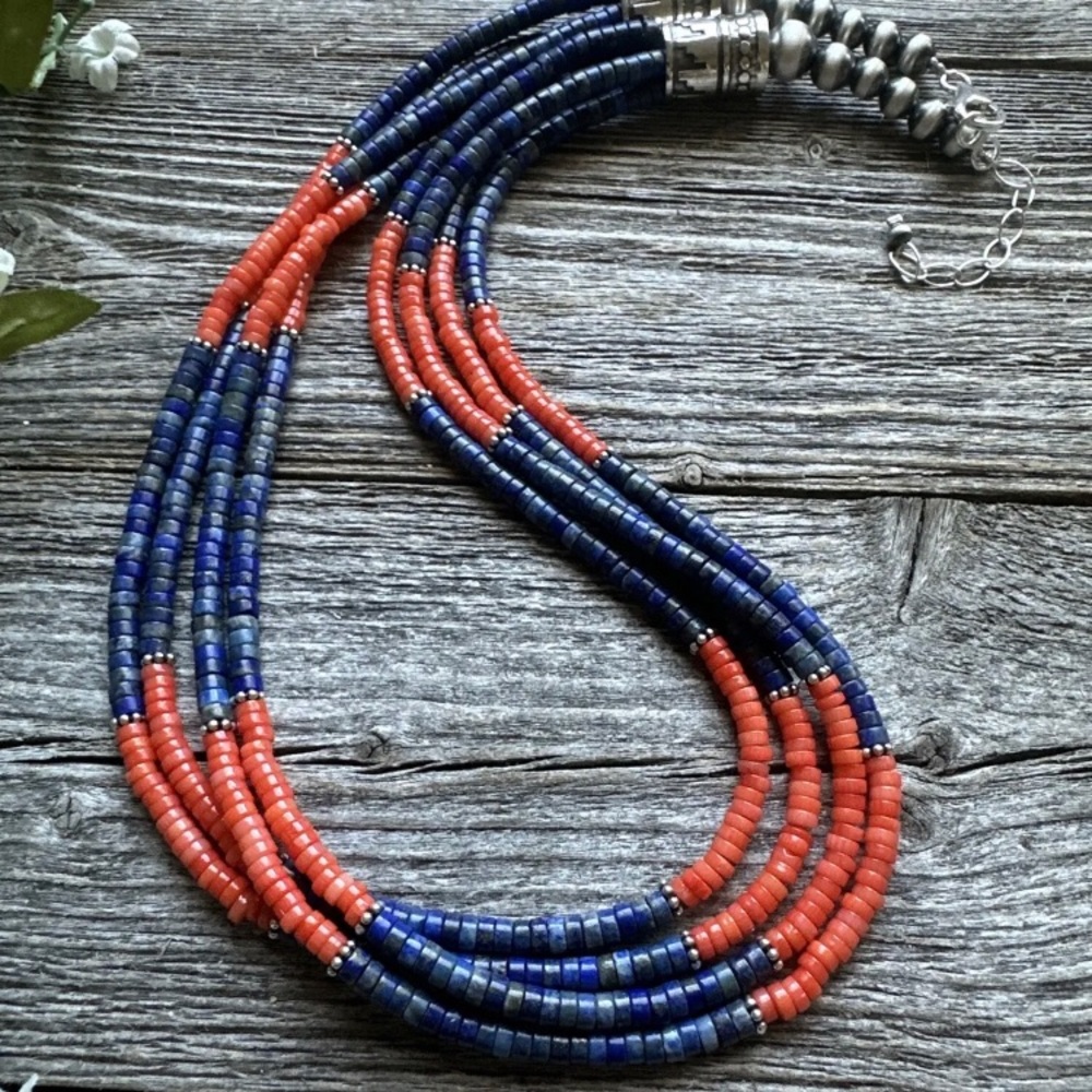 Sterling Silver Multi Strand Lapis Orange Bamboo … - image 4