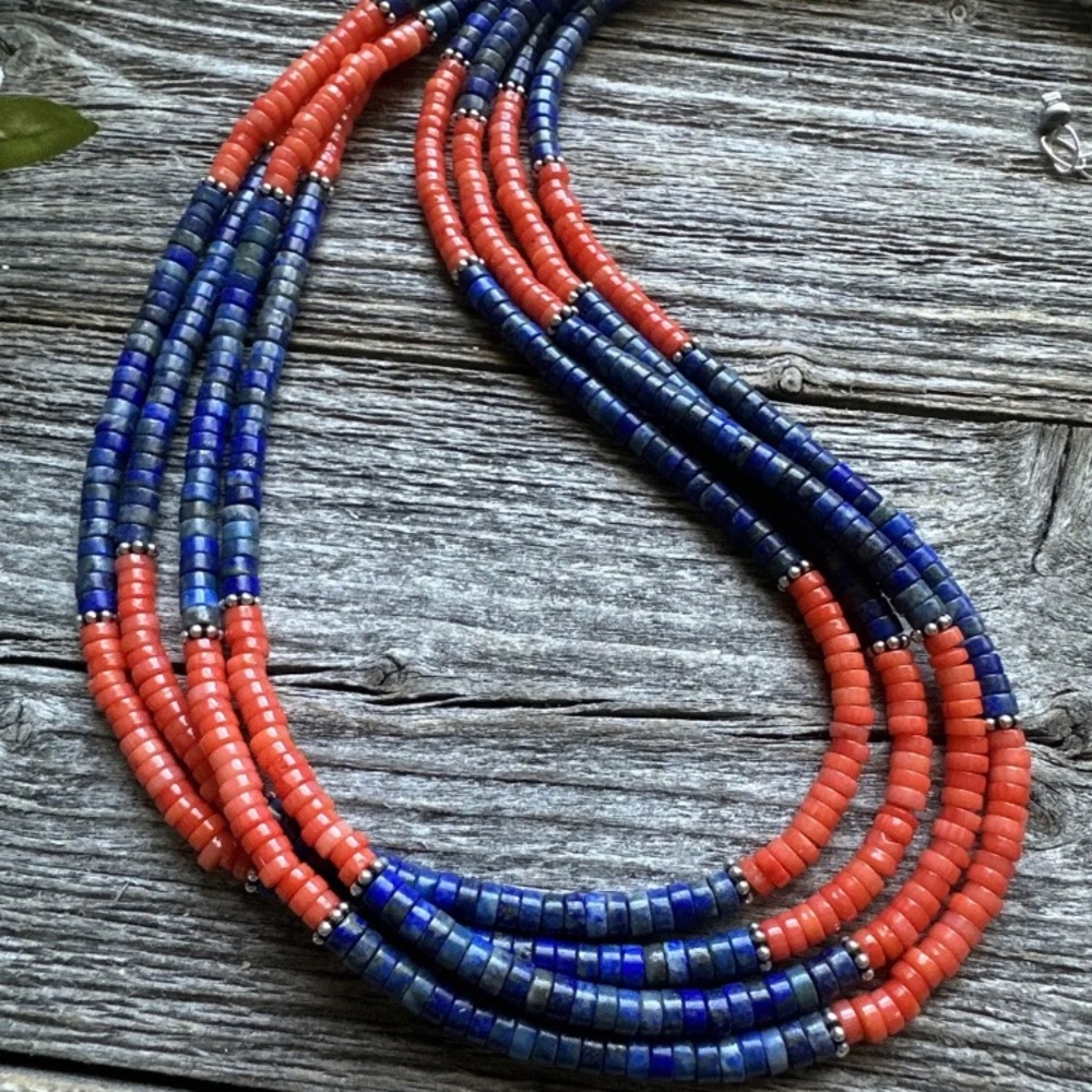 Sterling Silver Multi Strand Lapis Orange Bamboo … - image 5