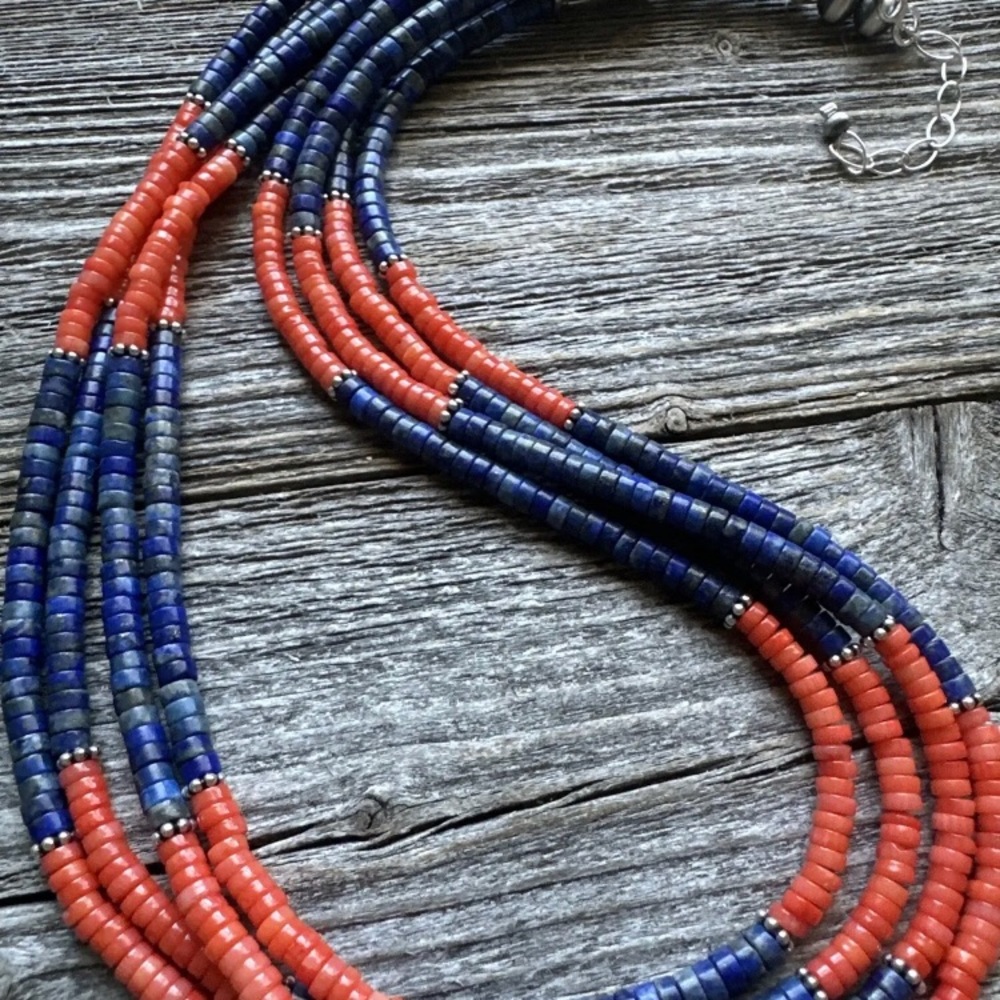 Sterling Silver Multi Strand Lapis Orange Bamboo … - image 6