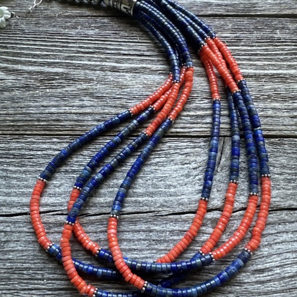 Sterling Silver Multi Strand Lapis Orange Bamboo … - image 7