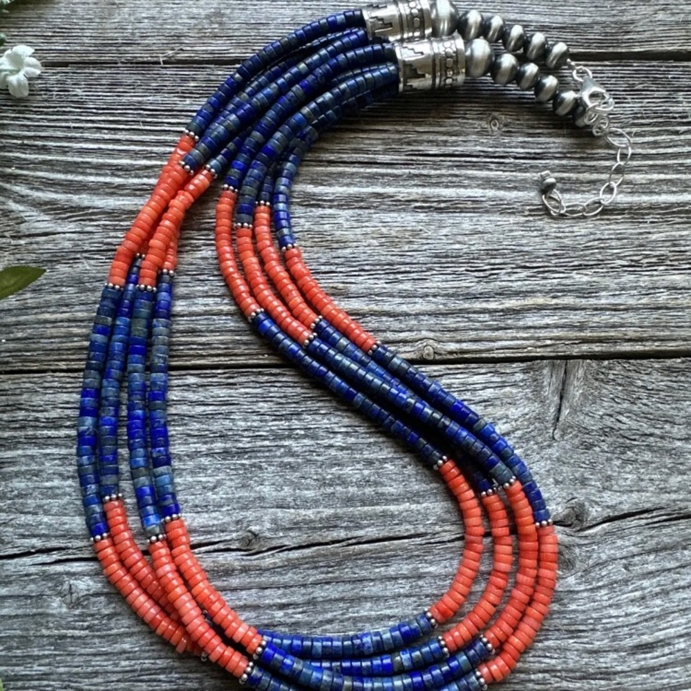 Sterling Silver Multi Strand Lapis Orange Bamboo … - image 8