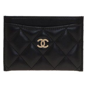 CHANEL Black Quilted Lambskin Leather Classic Card Holder Champagne Gold