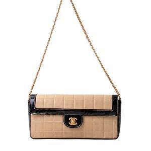 Authentic CHANEL CC Lambskin Patent Chocolate Bar Flap Bag Chain Beige Black