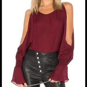 NILI LOTAN Silk Burgundy Red Cold Shoulder Long Sleeve Blouse Top Size Medium