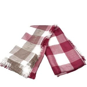 COACH Soft Cashmere Blend Plaid Red White Tan Shimmer Fringe Oversized Scarf