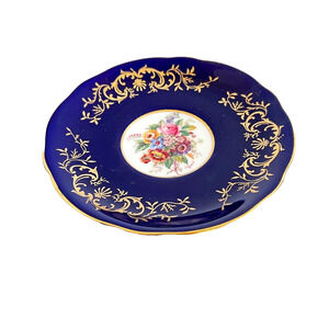 Coalport Saucer Bone China Cobalt Blue Gold Trim Floral Artist Signed Vtg Beauty