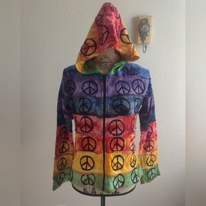 🆕 Handmade Hippie Rainbow Peace Symbol Striped Colorblock 100% cotton Hoodie_S