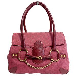 Authentic Gucci GG Horsebit Chain Shoulder Bag Canvas Pink Red Leather Handbag