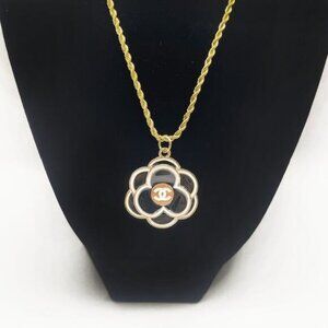 Authentic CHANEL CC Charm Pendant Camellia Black Necklace Gold Plated Chain