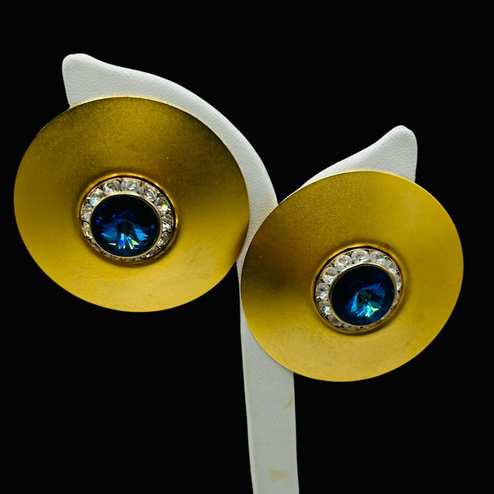 Amazing Huge Blue Rivoli Disk Earrings Matte Gold… - image 1