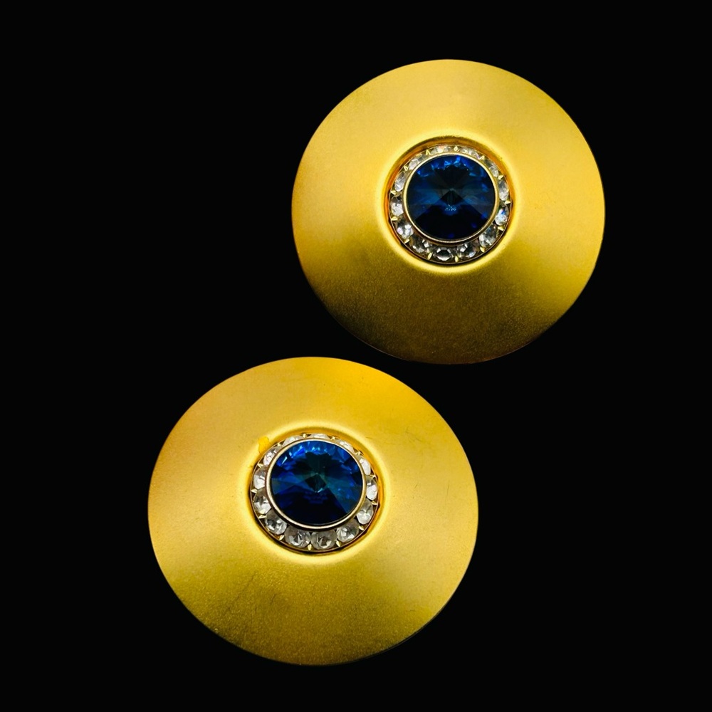 Amazing Huge Blue Rivoli Disk Earrings Matte Gold… - image 2