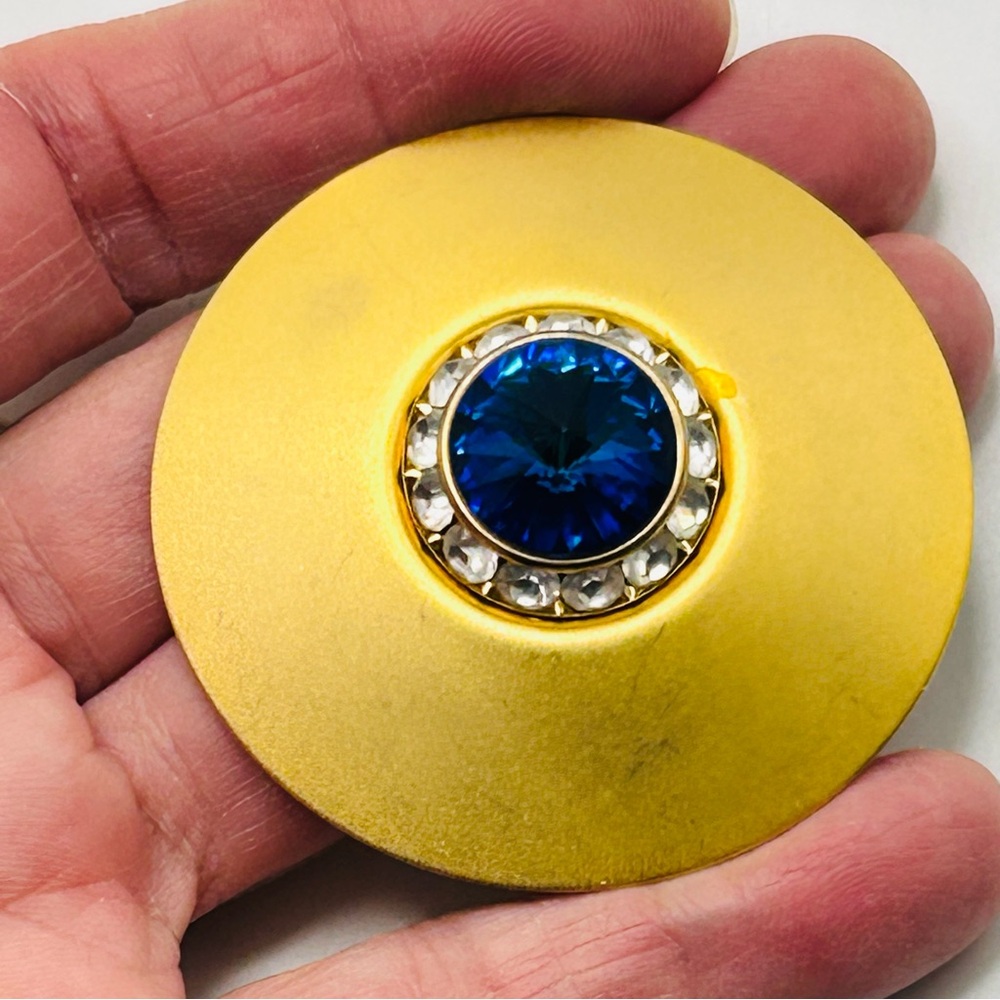 Amazing Huge Blue Rivoli Disk Earrings Matte Gold… - image 4