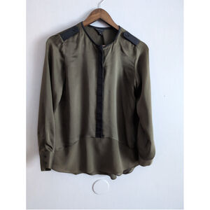 Club Monaco Olive Green Silk Lambs Leather Blouse Women Size XS Office Career