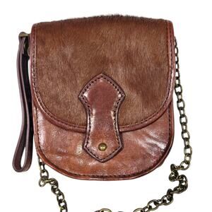 Club Monaco Leather Bag Brown Crossbody Chain Strap Satchel Saddlebag Calf Hair