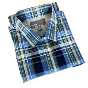 NWT New VINCE Cotton Button Down Shirt Plaid Blue Green Green size S