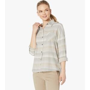 PrAna Shirt Women's Large Percy Stripe Flannel 100% Organic Cotton Minimalist