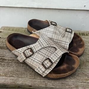 Birkenstock Zurich Beige Plaid Extra Coverage Suede Leather Slide Sandals Sz 40