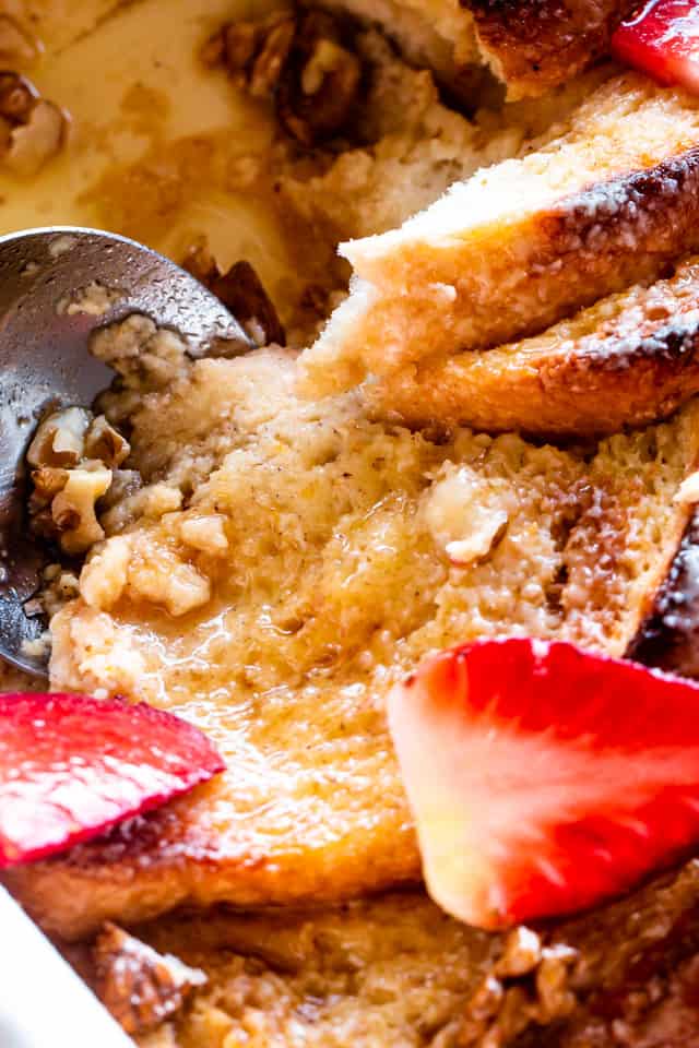 Close-up of sliced strawberries in the breakfast casserole. 