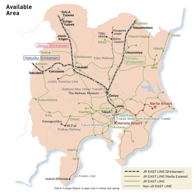 Lines Covered by the JR TOKYO Wide Pass