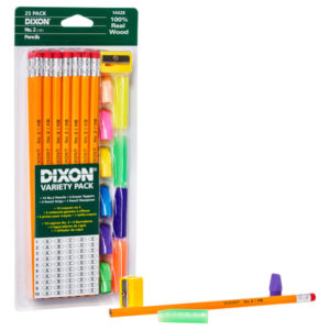 The Dixon Wood-Cased Pencil Variety Pack includes a 25-pack of assorted color pencils with erasers and cap erasers. The pack contains 24 No. 2 pencils, a sharpener, and a pencil grip. Displayed outside the pack are a pencil, erasers, and the sharpener.