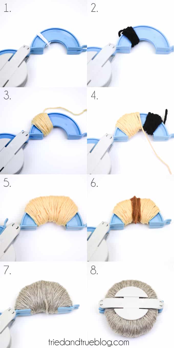 visual illustration of creating the owl design with yarn on the pom pom maker