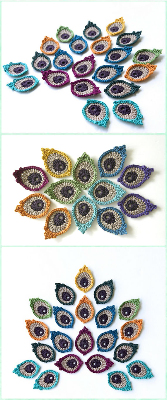 Crochet Peacock Eye Feather Motif Applique Pattern