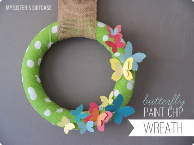 DIY Projects Made With Paint Chips - Butterfly Paint Chip Wreath - Best Creative Crafts, Easy DYI Projects You Can Make With Paint Chips - Cool Paint Chip Crafts and Project Tutorials - Crafty DIY Home Decor Ideas That Make Awesome DIY Gifts and Christmas Presents for Friends and Family #diy #crafts #paintchip #cheapcrafts