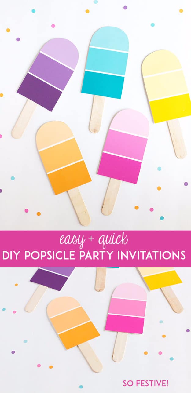 DIY Projects Made With Paint Chips - DIY Popsicle Party Invitations - Best Creative Crafts, Easy DYI Projects You Can Make With Paint Chips - Cool Paint Chip Crafts and Project Tutorials - Crafty DIY Home Decor Ideas That Make Awesome DIY Gifts and Christmas Presents for Friends and Family #diy #crafts #paintchip #cheapcrafts