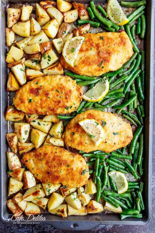  Easy Dinner Recipes - Sheet Pan Lemon Parmesan Garlic Chicken - Quick and Simple Dinner Recipe Ideas for Weeknight and Last Minute Supper - Chicken, Ground Beef, Fish, Pasta, Healthy Salads, Low Fat and Vegetarian Dishes #easyrecipes #dinnerideas #recipes