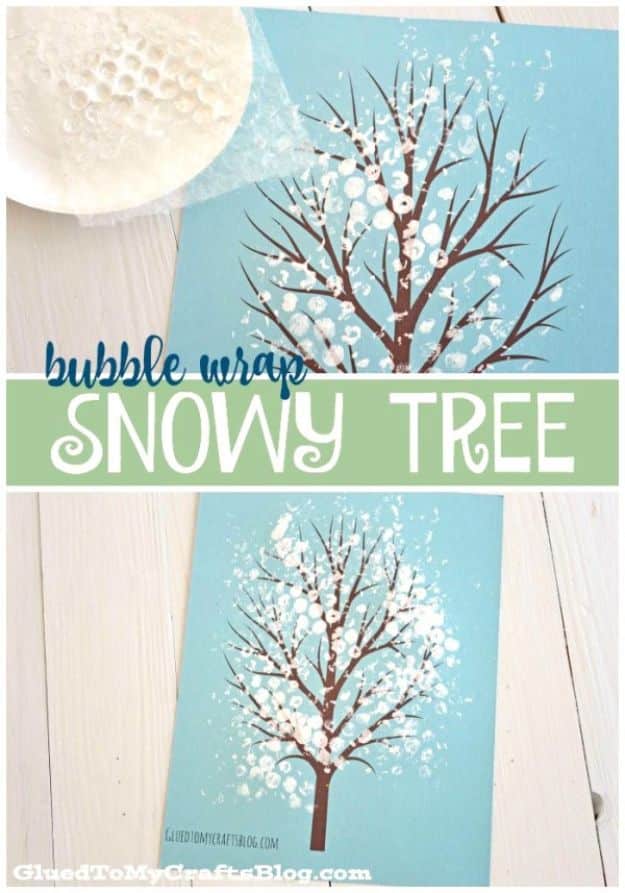 Winter Crafts for Toddlers and Kids - Bubble Wrap Snowy Tree Kid Craft - Easy Art Projects and Craft Ideas for 2 Year Olds, Preschool Age Children - Simple Indoor Activities, Things To Make At Home in Wintertime - Snow, Snowflake and Icicle, Snowmen - Classroom Art Projects #kidscrafts #craftsforkids #winters