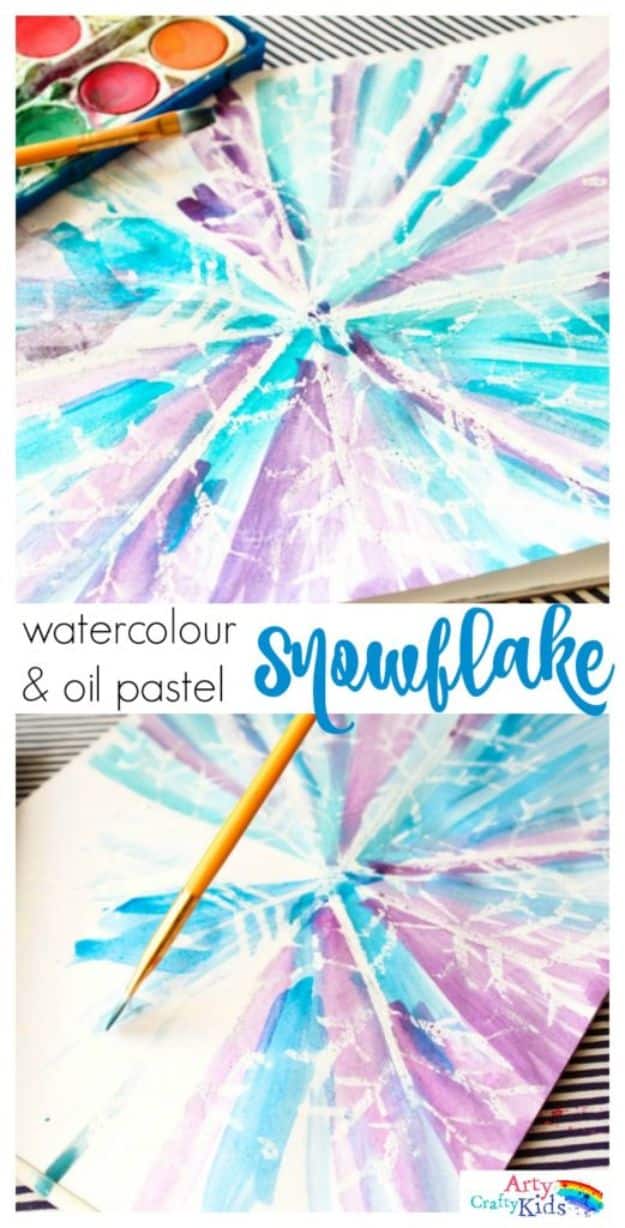 Winter Crafts for Toddlers and Kids - Watercolour and Oil Pastel Resist Snowflake - Easy Art Projects and Craft Ideas for 2 Year Olds, Preschool Age Children - Simple Indoor Activities, Things To Make At Home in Wintertime - Snow, Snowflake and Icicle, Snowmen - Classroom Art Projects #kidscrafts #craftsforkids #winters