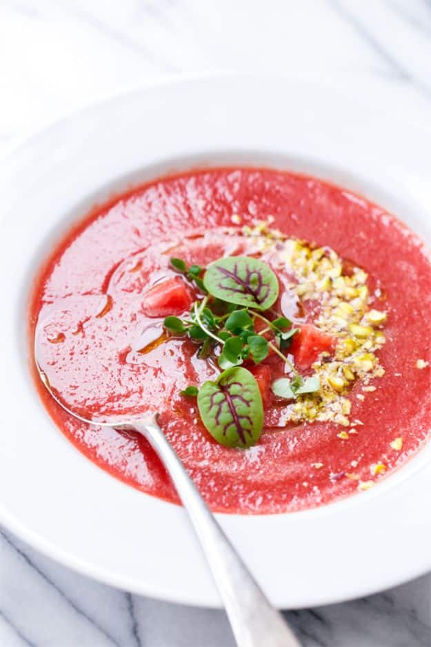 Watermelon Recipes - Tomato Watermelon Gazpacho with Pistachios and Basil Oil - Easy and Quick Drinks, Salad, Party Foods, Cake, Margaritas