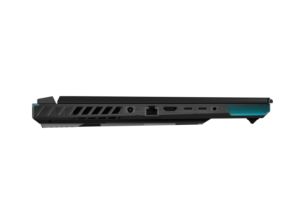 2023 ROG SCAR 16 Profile view of the left side of the Strix SCAR 16, with DC power, HDMI, ethernet, two USB C ports, and a headphone jack visible