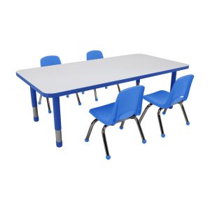 30" x 60" Rectangle Dry-Erase Activity Table with Chunky Legs and 10" Stack Chairs with Ball Glides, 5-Piece Set - White/Blue