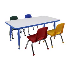 24" x 48" Rectangle Dry-Erase Activity Table with Standard Legs and 10" Stack Chairs with Ball Glides, 5-Piece Set - White/Blue/Assorted