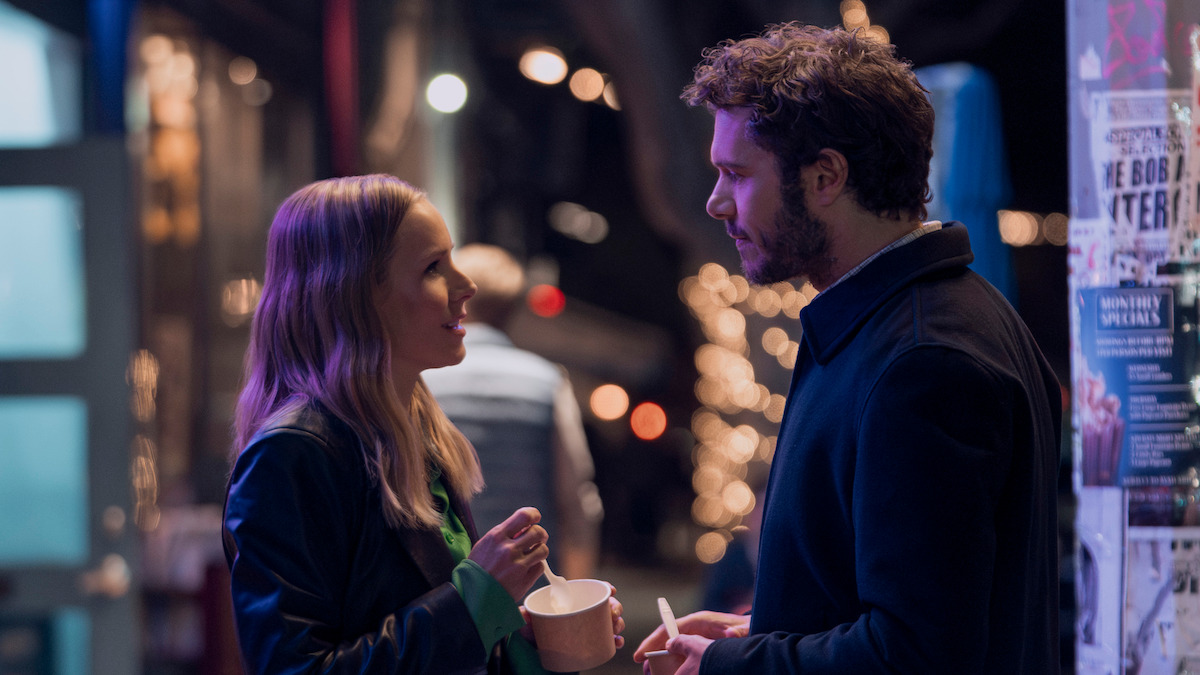 Kristen Bell as Joanne and Adam Brody as Noah eat ice cream on a city street in Season 1 of 'Nobody Wants This'