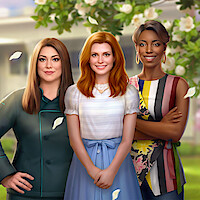 Illustrative game art for the mobile game 'Netflix Stories: Sweet Magnolias featuring three female game characters standing in a leafy garden.