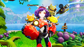 Illustrative game artwork for the mobile game 'Steel Paws', featuring a female game character with purple hair in a mechanic suit.