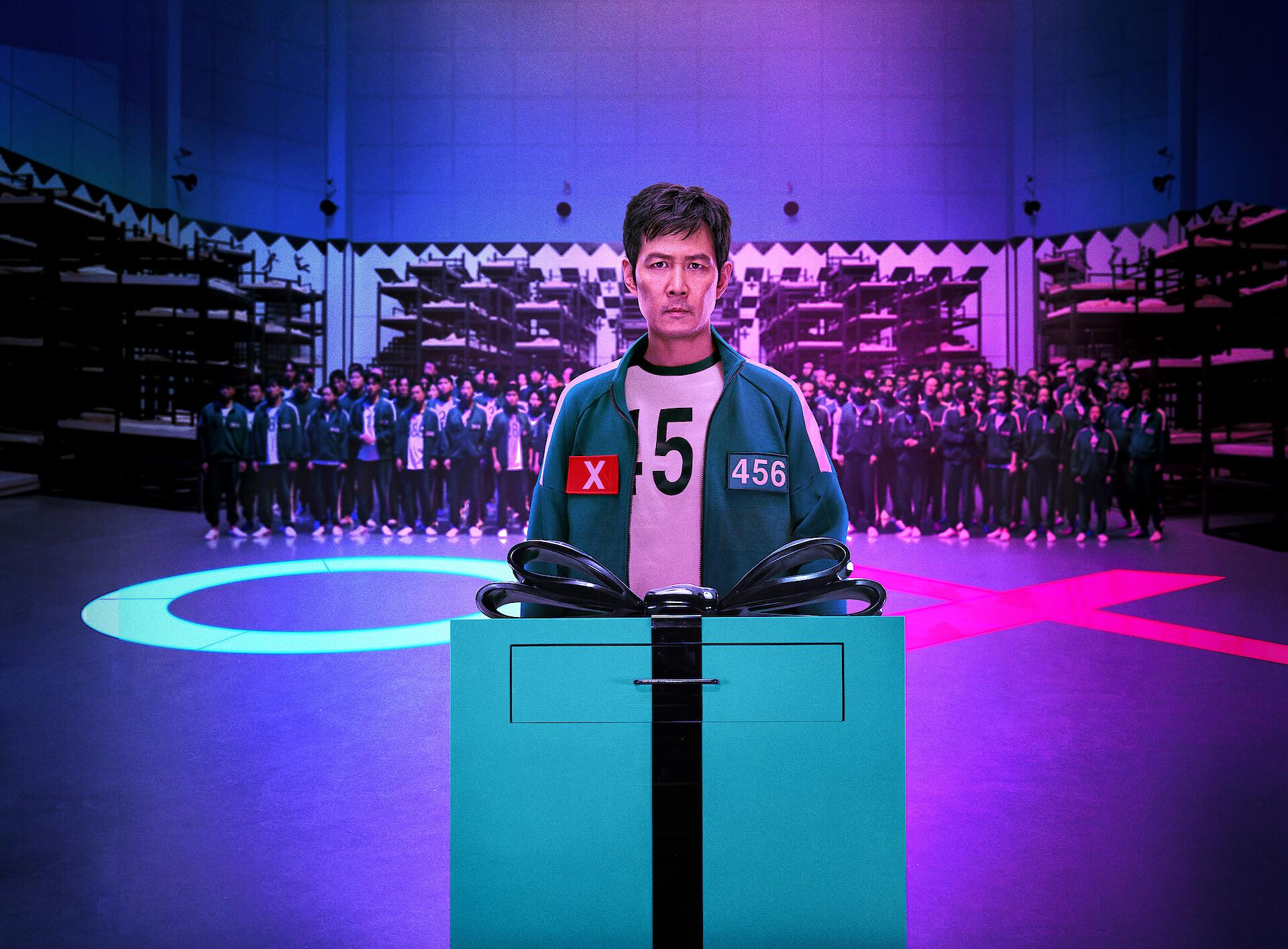 Player 456 standing in front of a podium with two choices. 