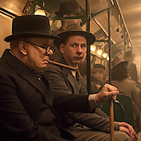 Gary Oldman as Winston Churchill and James Eeles as Maurice Baker in 'Darkest Hour'.