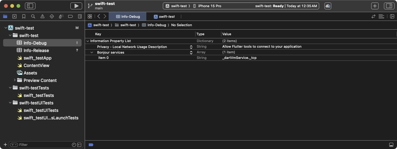 The  property list with the Bonjour Services
and Privacy - Local Network Usage Description keys added