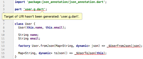 IDE warning when the generated code for a model class does not exist
yet.