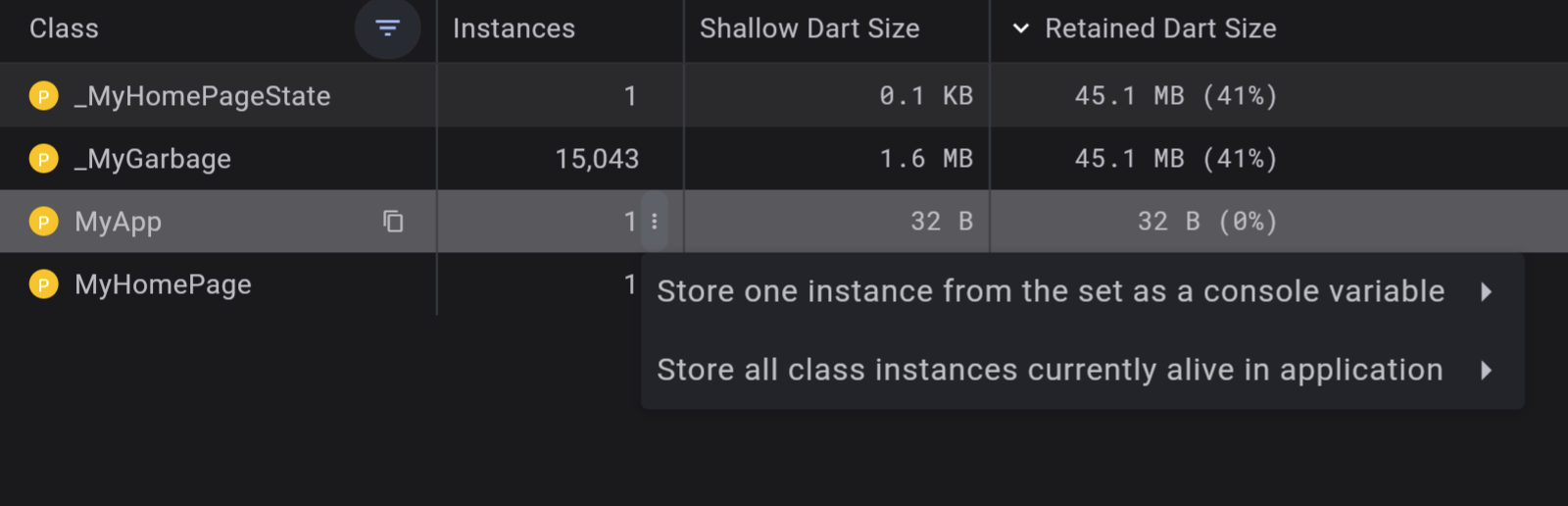 Screenshot showing how to browse the heap snapshots