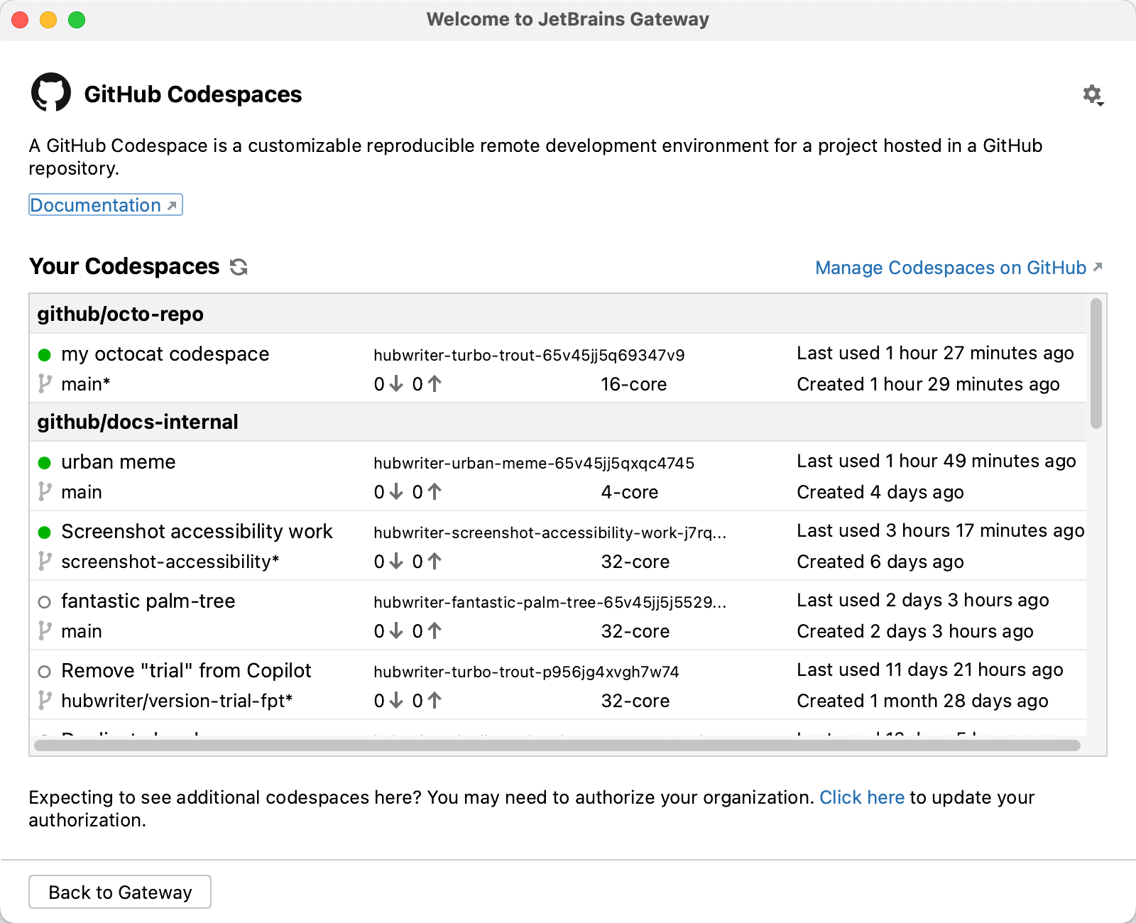 Screenshot of the "Your Codespaces" list in the JetBrains Gateway.