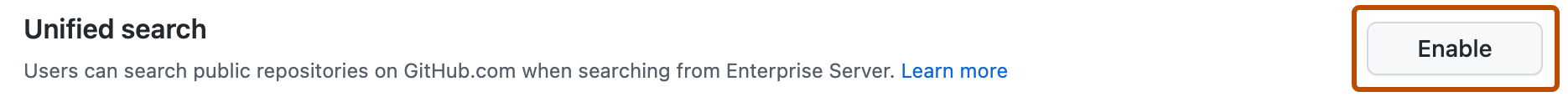 Screenshot of the "Unified search" option on the GitHub Connect page. The "Enable" button is highlighted with an orange outline.
