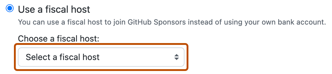 Capture d’écran des options d’hôte fiscal pour un profil de sponsor. Un menu déroulant réduit intitulé « Sélectionner un hôte fiscal » est encadré en orange foncé.