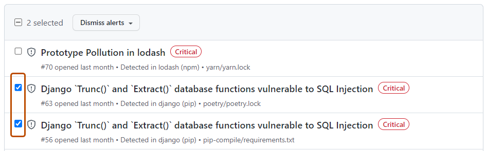 Screenshot of the Dependabot alerts view. Two alerts are selected and these check boxes are highlighted with an orange outline.